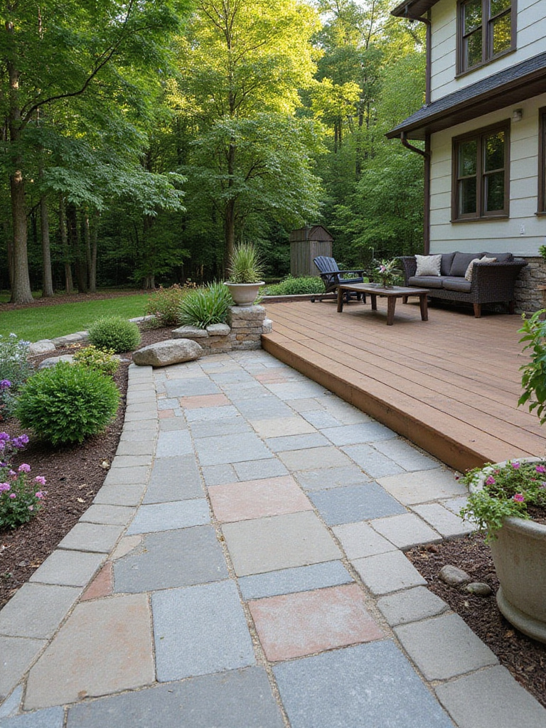 An elegant patio designed with low-maintenance materials surrounded by greenery.