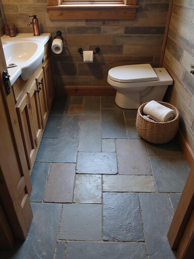 Rustic bathroom with natural stone flooring showcasing earthy tones and textures.