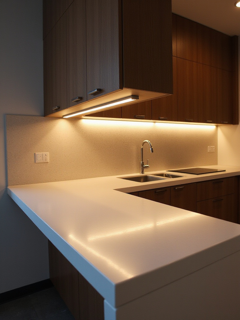 Modern kitchen featuring integrated under-cabinet lights illuminating a countertop