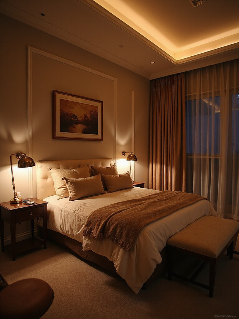 Luxurious bedroom with bespoke lighting design showcasing ambient and task lighting.