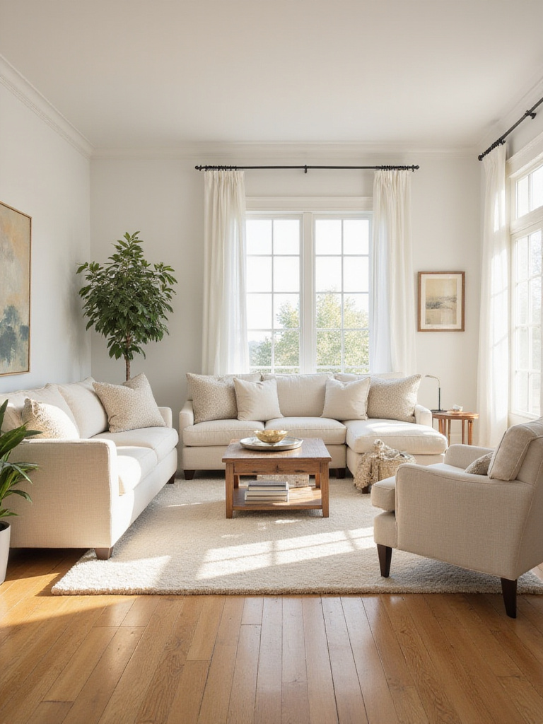 A harmonious living room design with coordinated paint, flooring, and textiles.