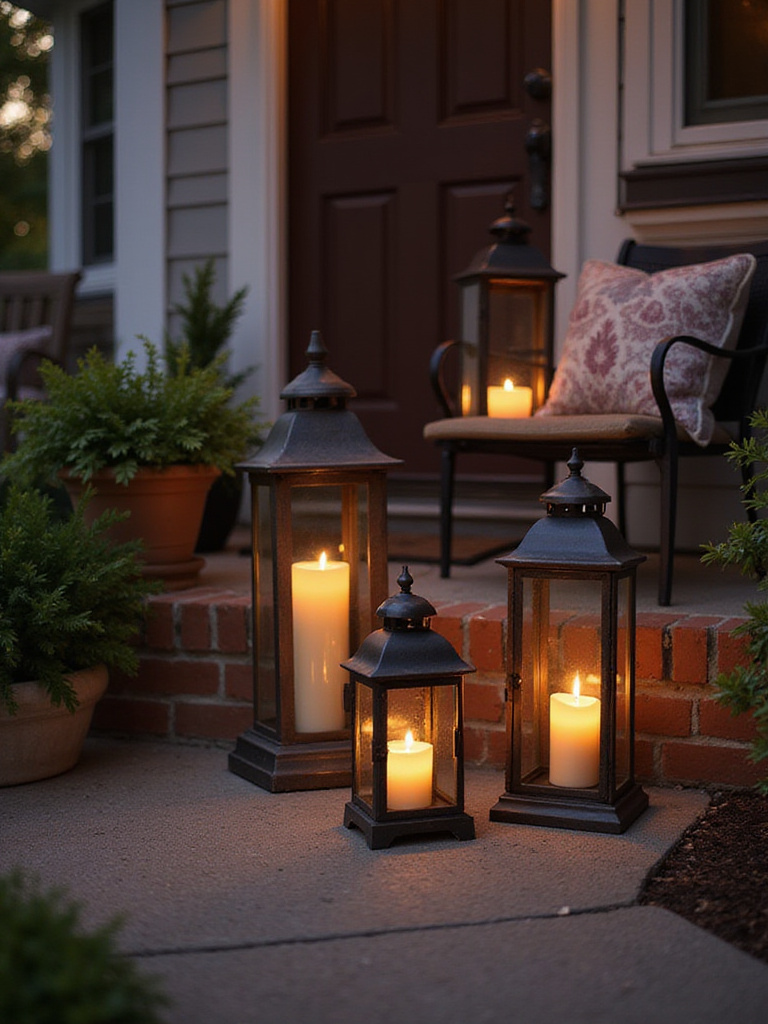 A front porch decorated with various decorative lanterns illuminated by flameless candles, creating a warm ambiance.