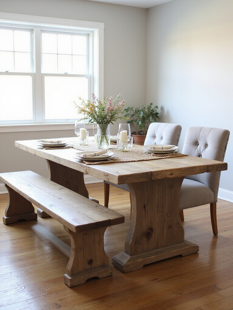 Farmhouse dining room featuring a rustic bench for flexible seating
