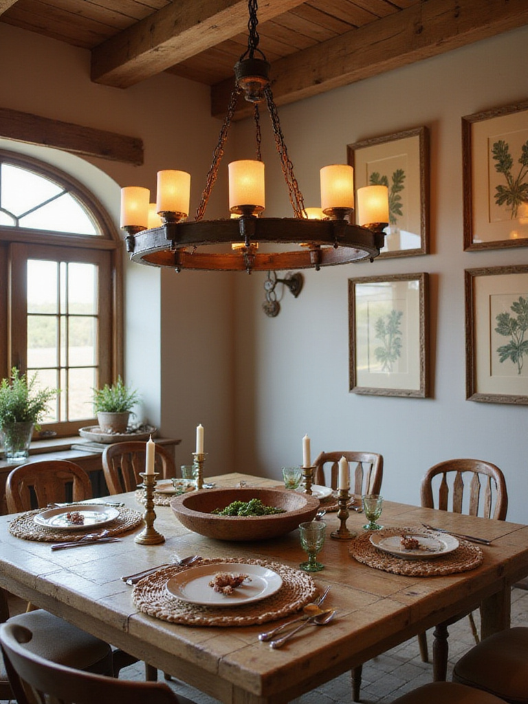 Rustic dining room with matching accents and chandelier