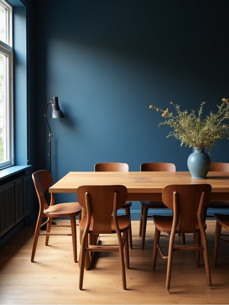 A serene blue dining room featuring warm wood tones with a natural oak dining table and walnut chairs.