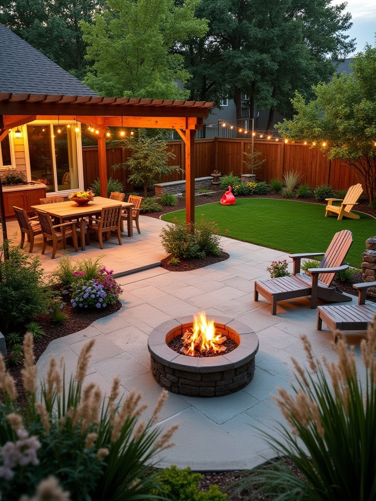 A scenic view of a backyard with distinct zones for dining, play, and relaxation, featuring a dining table, play area, and cozy fire pit.