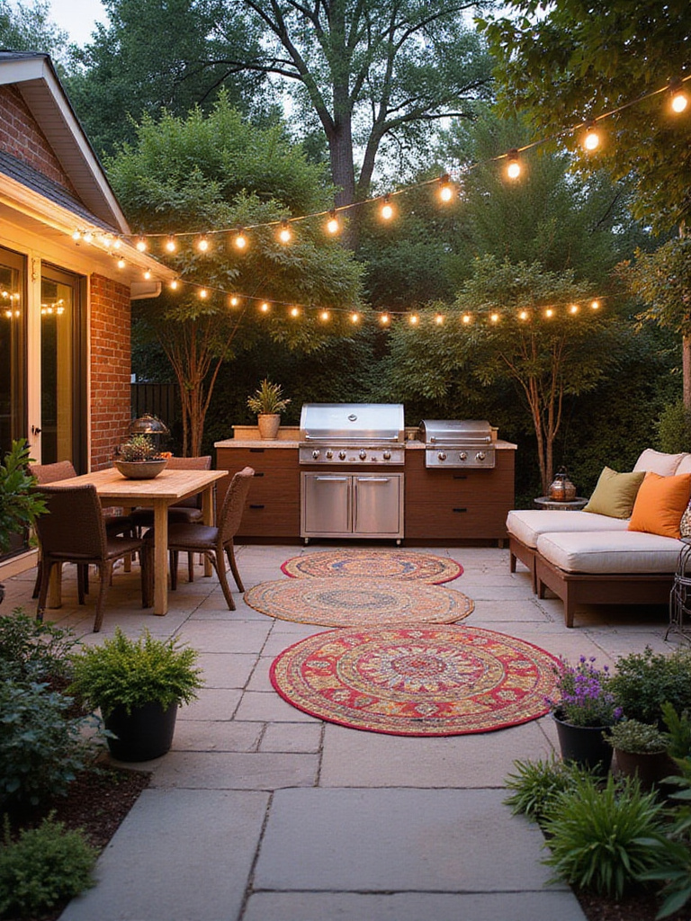 A beautifully zoned patio showcasing distinct areas for dining, lounging, and grilling.
