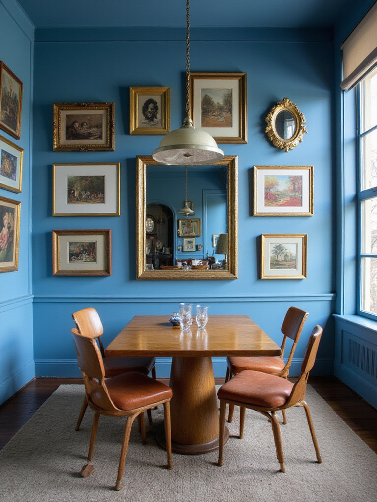 A beautifully arranged blue dining room with curated artwork and mirrors