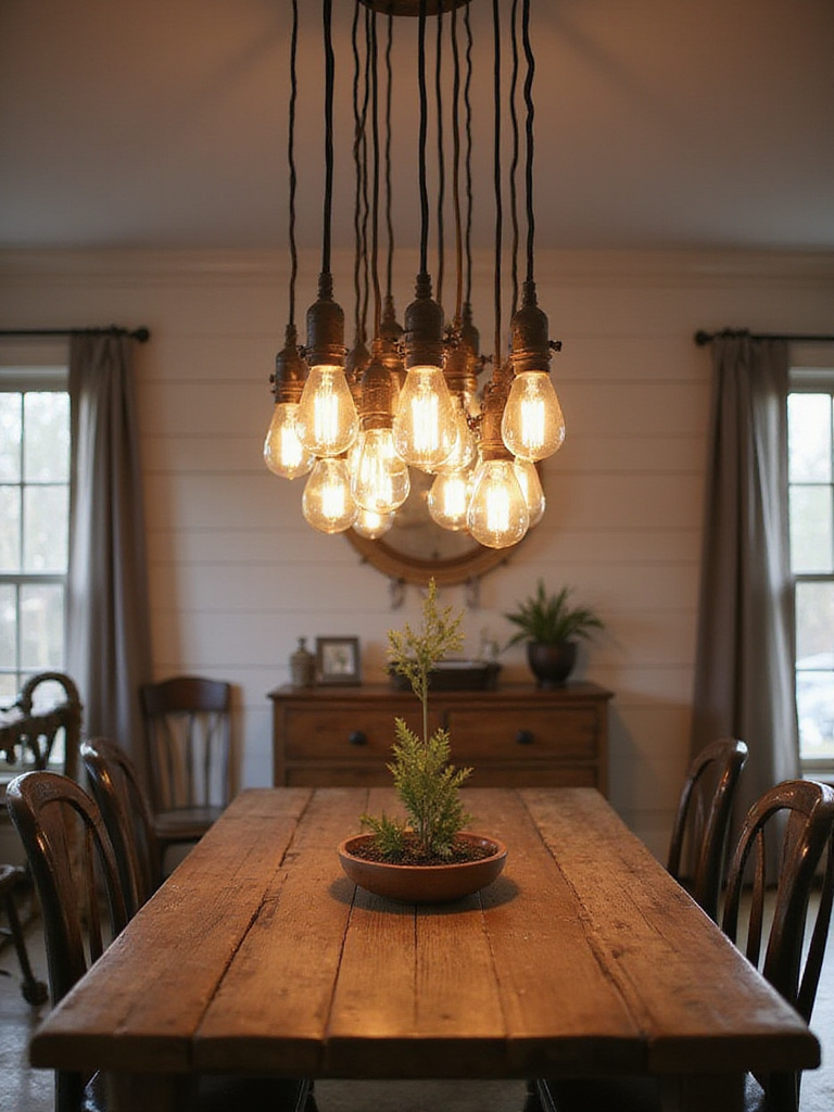 Rustic dining room with industrial farmhouse pendant clusters above a reclaimed wood table