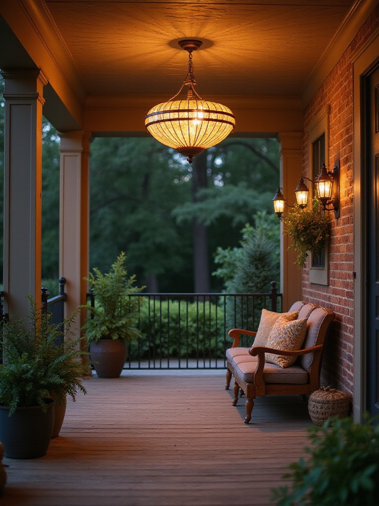 Stylish overhead lighting illuminating a front porch with a cozy seating area.
