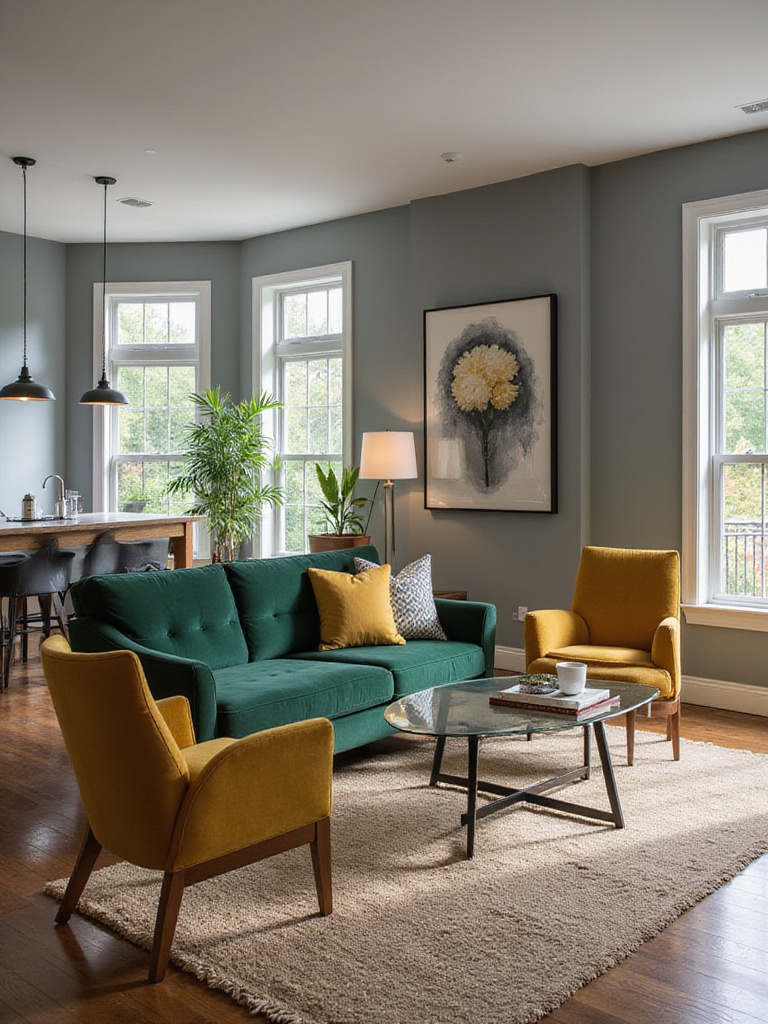 Open-concept living space with cohesive color palette featuring warm gray walls, emerald green sofa, and mustard yellow accents.