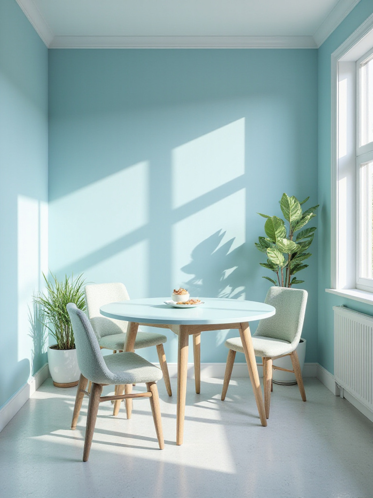 Small dining room painted in soft sky blue with white trim and glass tabletop, showcasing spaciousness.