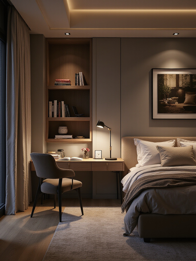 Luxurious bedroom with distinct lighting zones for reading, working, and sleeping.