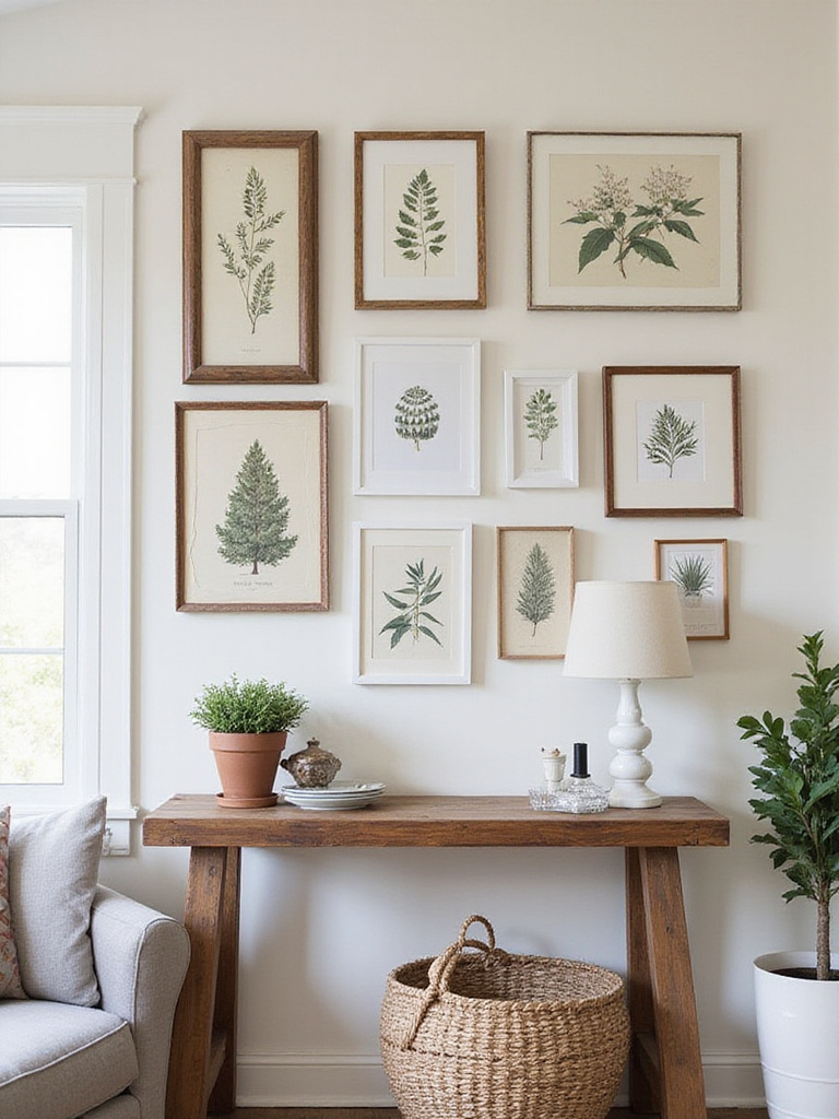 Gallery wall featuring vintage prints and botanical art in a farmhouse living room