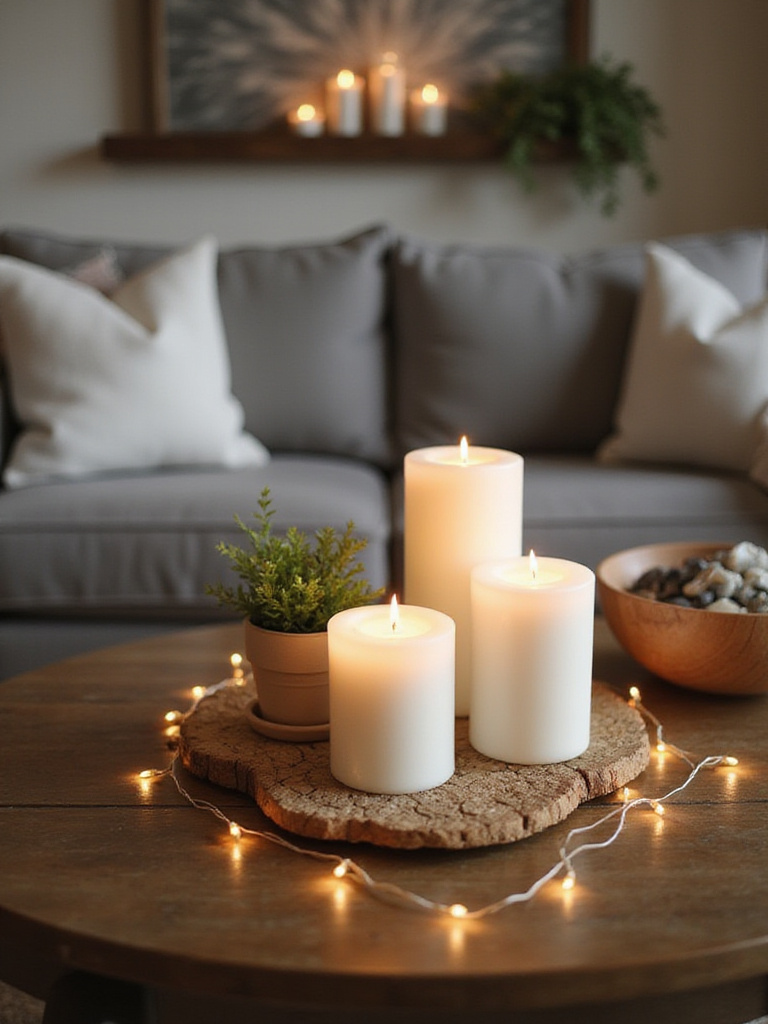 A beautifully arranged farmhouse vignette with candles, plants, and decorative items on a coffee table.