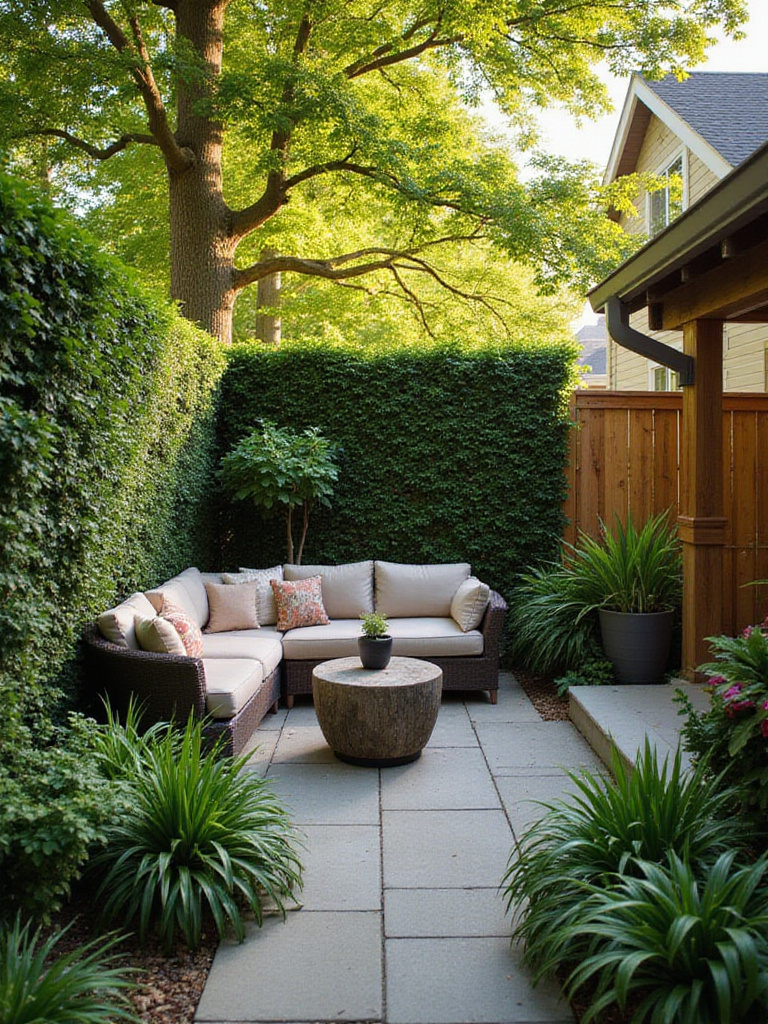 Serene backyard retreat featuring hedges and stylish fencing
