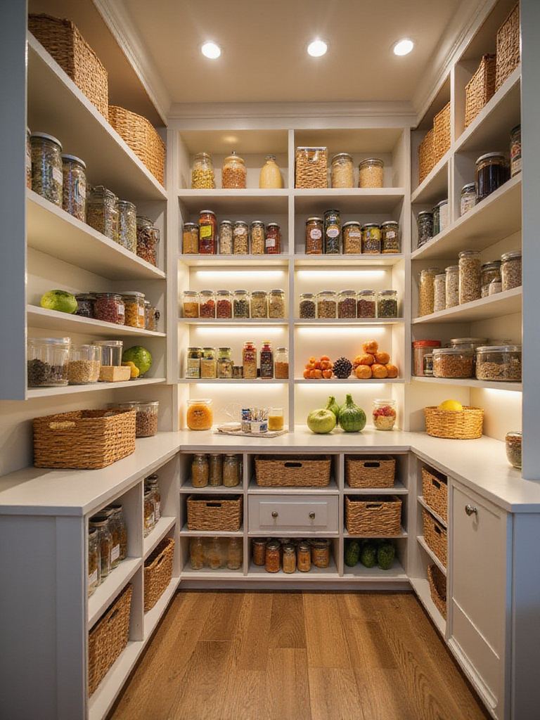 Organized walk-in pantry with shelves and storage solutions