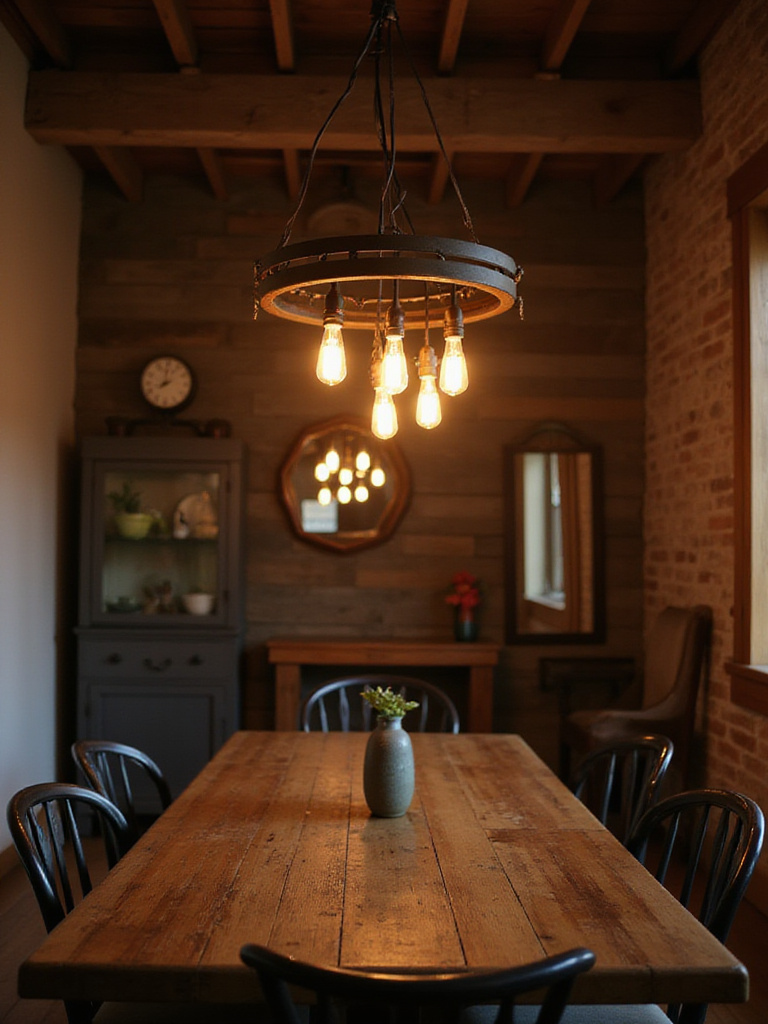 Cozy rustic dining room with warm LED Edison bulbs in a chandelier