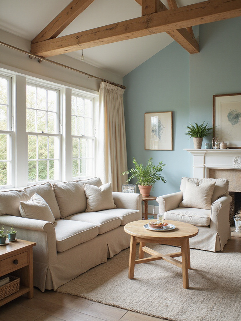 Cozy cottage living room with serene walls painted in muted colors.