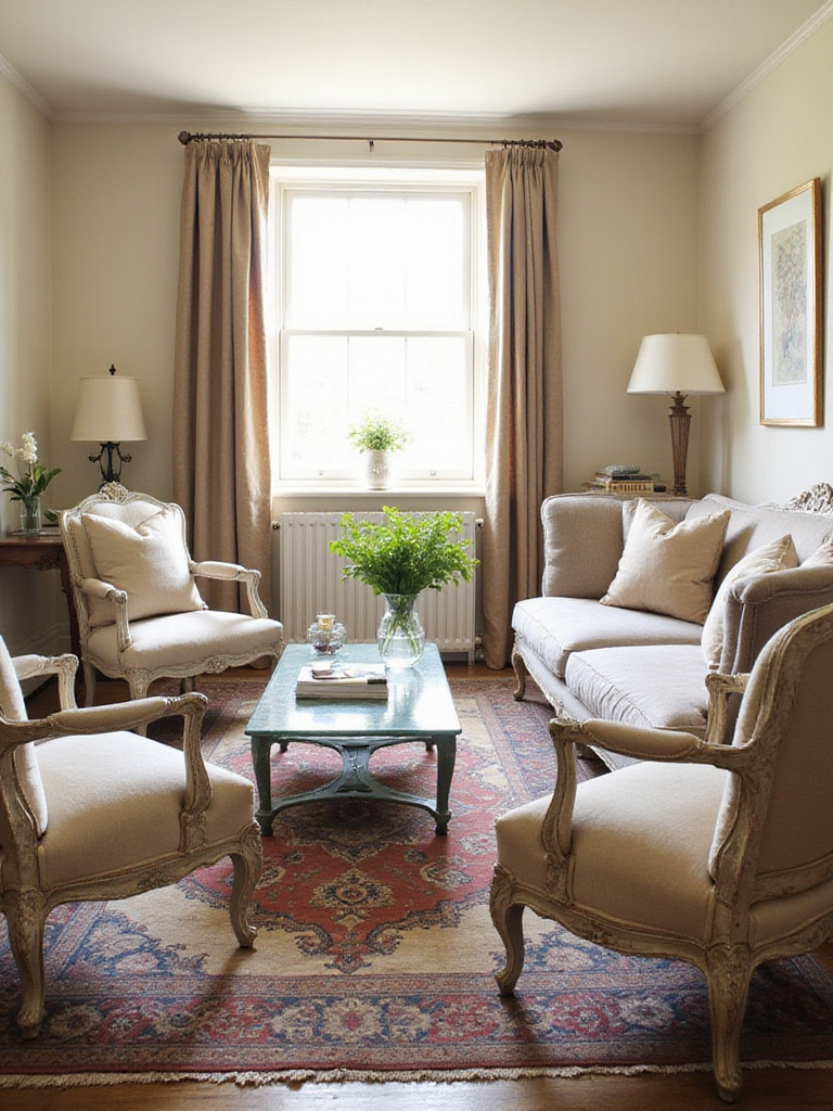 Cozy cottage living room with a mix of antique and modern furniture including a linen sofa and antique armchairs.