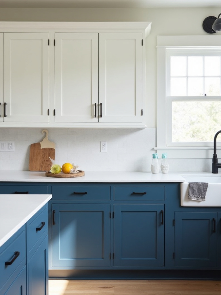 Modern kitchen with two-tone cabinets, white upper and navy blue lower cabinets.