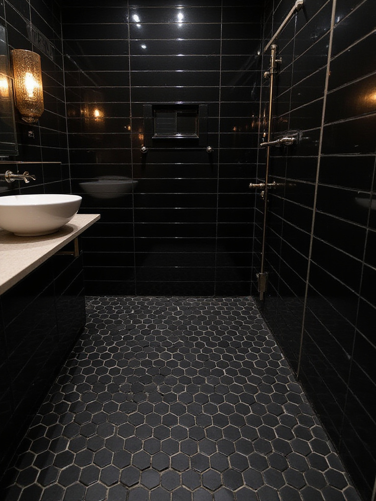 Modern black bathroom showcasing hex and subway tile patterns