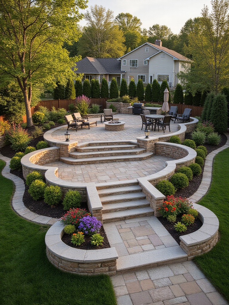 Multi-level patio design showcasing different elevations and landscaping features