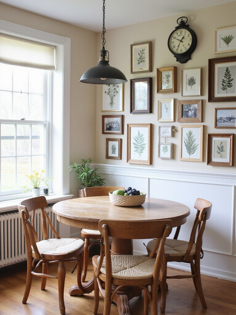 Charming farmhouse gallery wall in a dining room with framed art and photos.