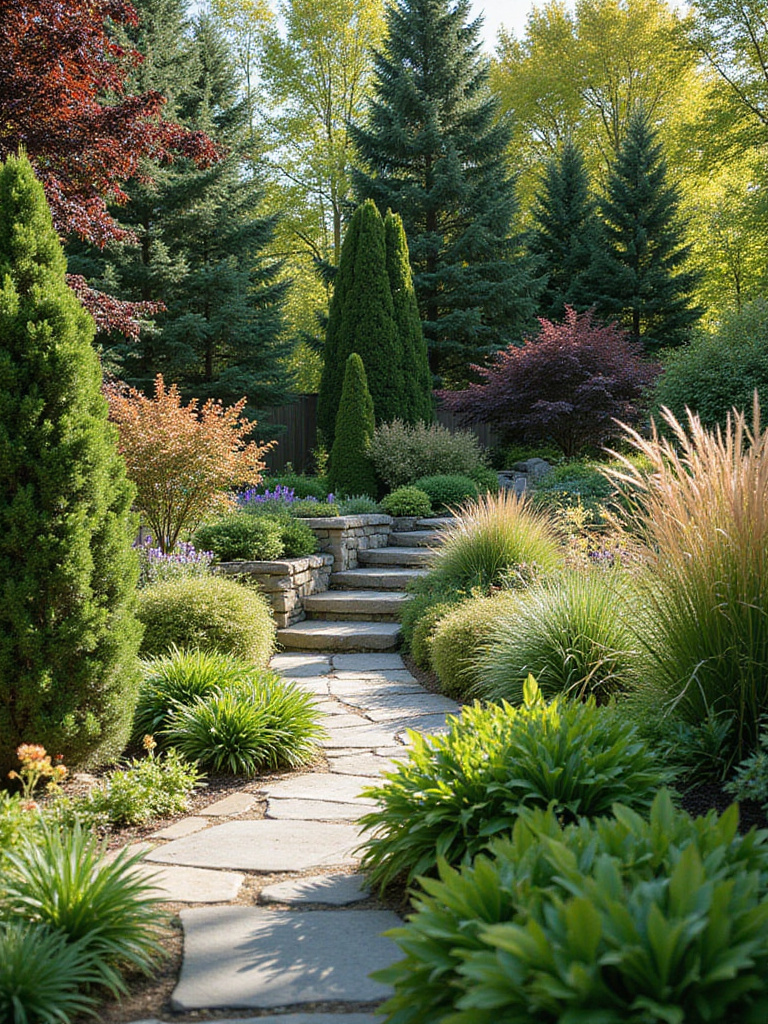 Backyard design featuring diverse plantings for year-round enjoyment