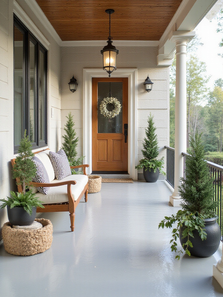 A clean and decluttered front porch with organized decor and bright lighting.