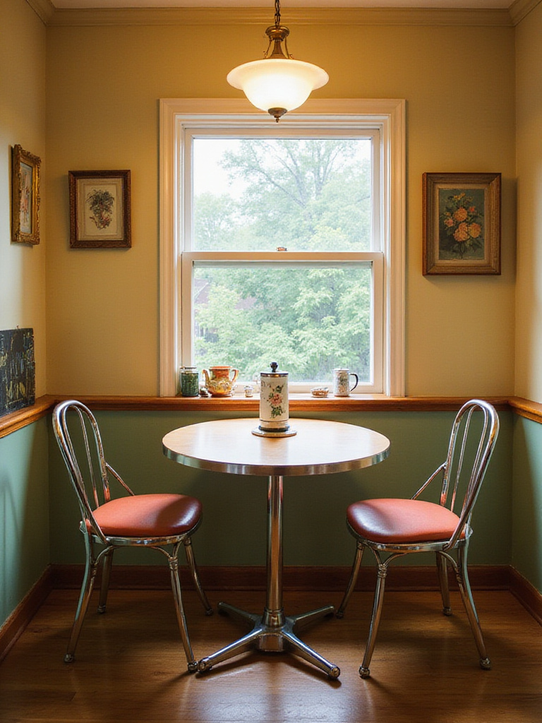 A vintage dinette set in a cozy kitchen nook with warm lighting.