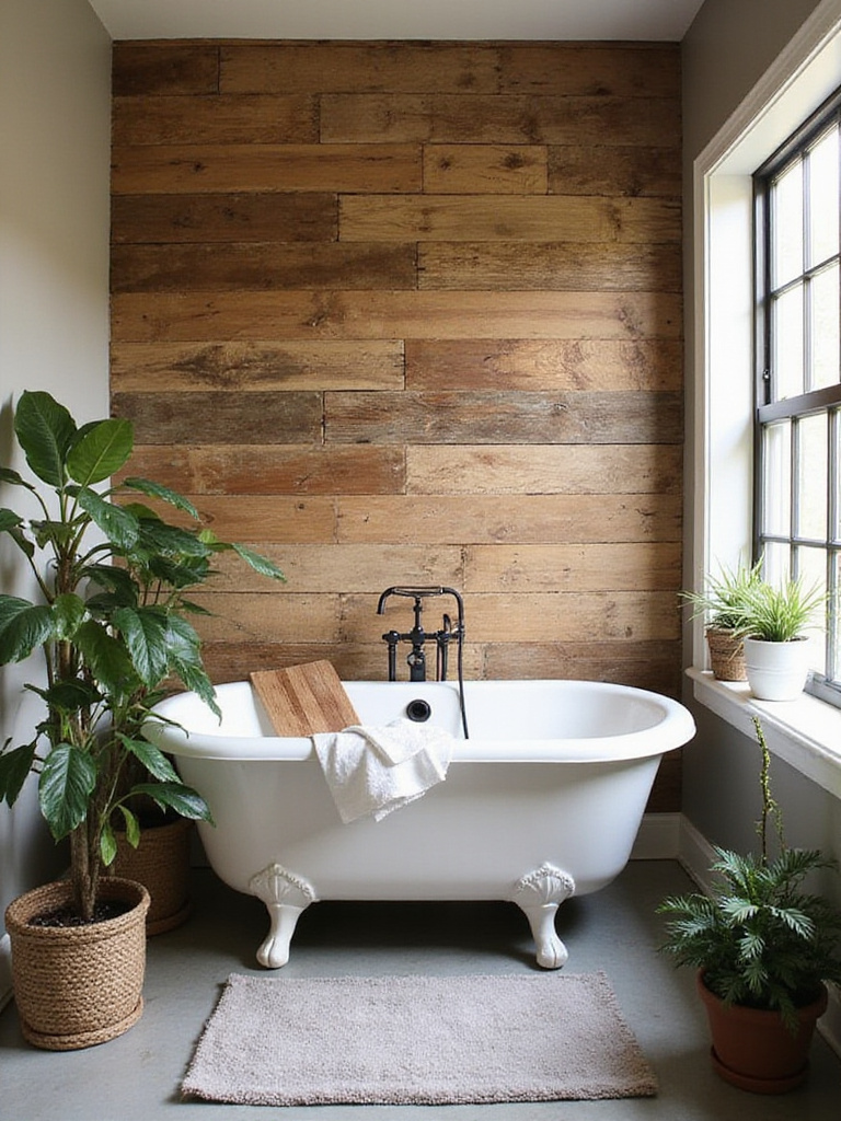 Rustic bathroom with a DIY pallet wood accent wall, showcasing natural textures and vintage decor.