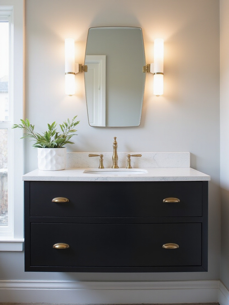 Modern black bathroom vanity with white countertop and brass hardware
