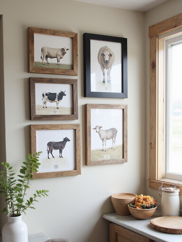 Gallery wall with various farm animal prints in a rustic kitchen setting.