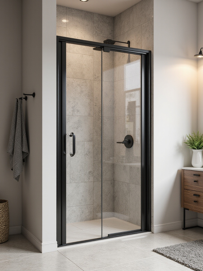 Chic black-framed shower enclosure in a modern bathroom setting