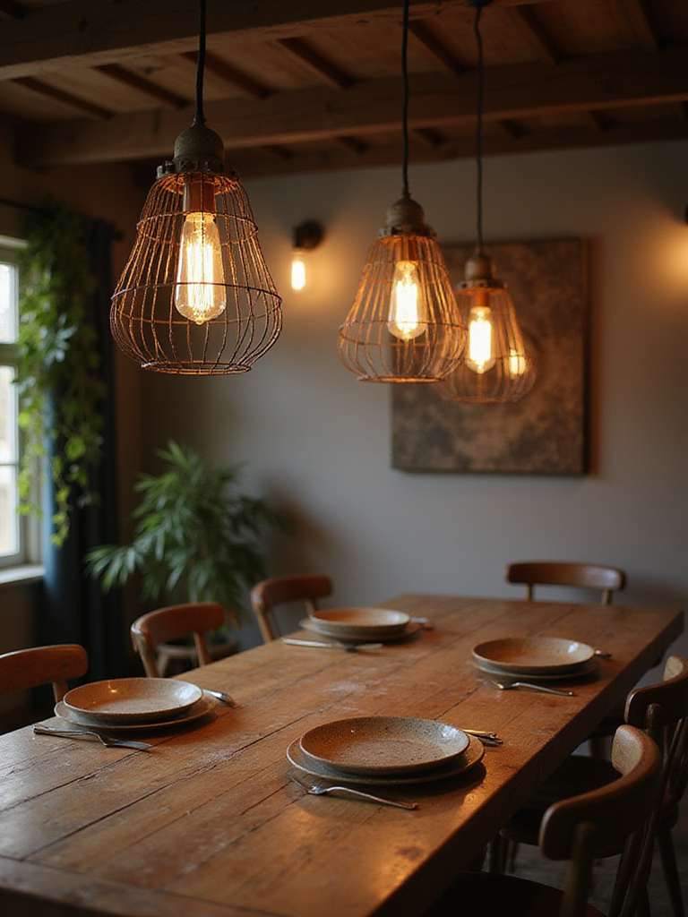 Elegant distressed metal cage lights illuminating a rustic dining room