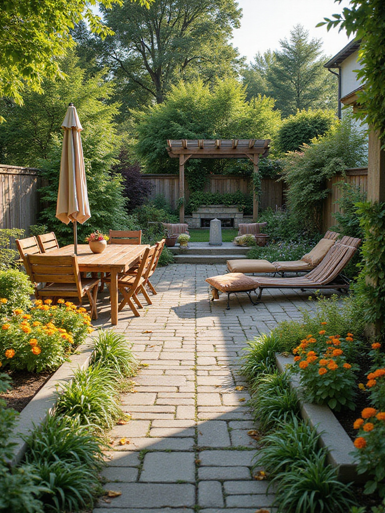 A beautifully designed backyard illustrating different functional zones for dining, relaxation, and gardening.