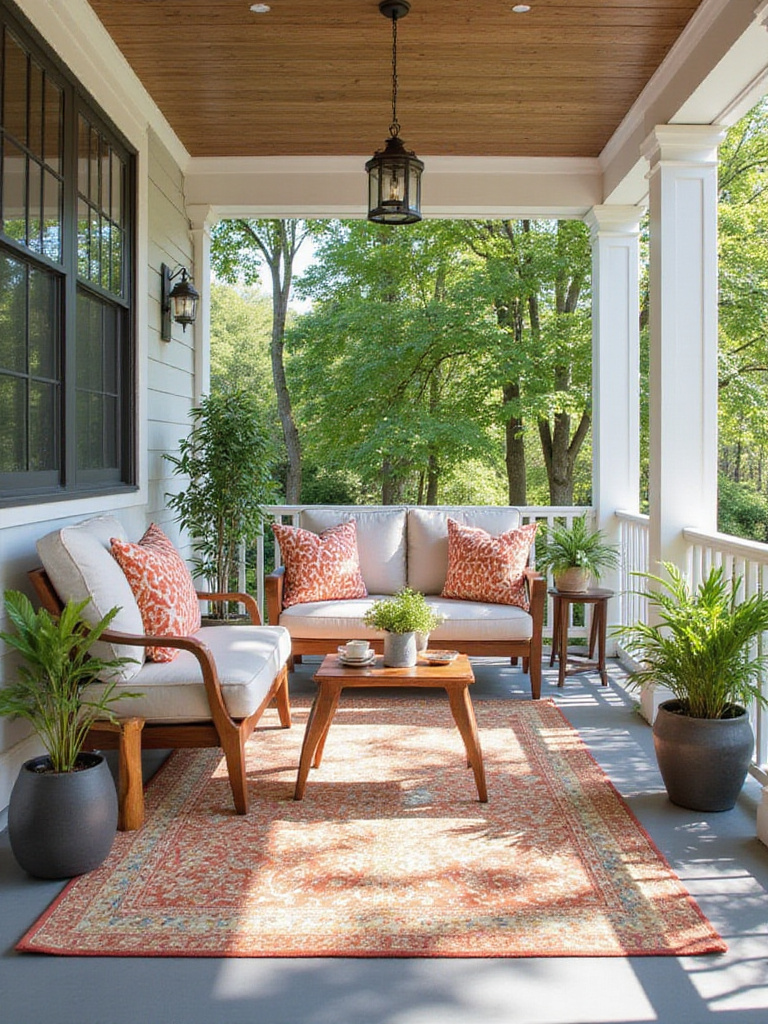 A colorful outdoor rug placed under outdoor furniture on a front porch, showcasing a cozy and inviting atmosphere.