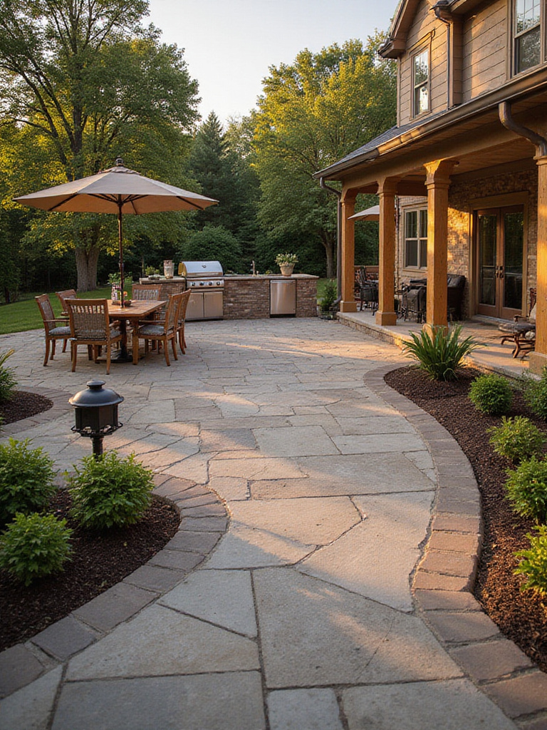 Beautifully designed patio showcasing distinct zones for dining, lounging, and cooking.