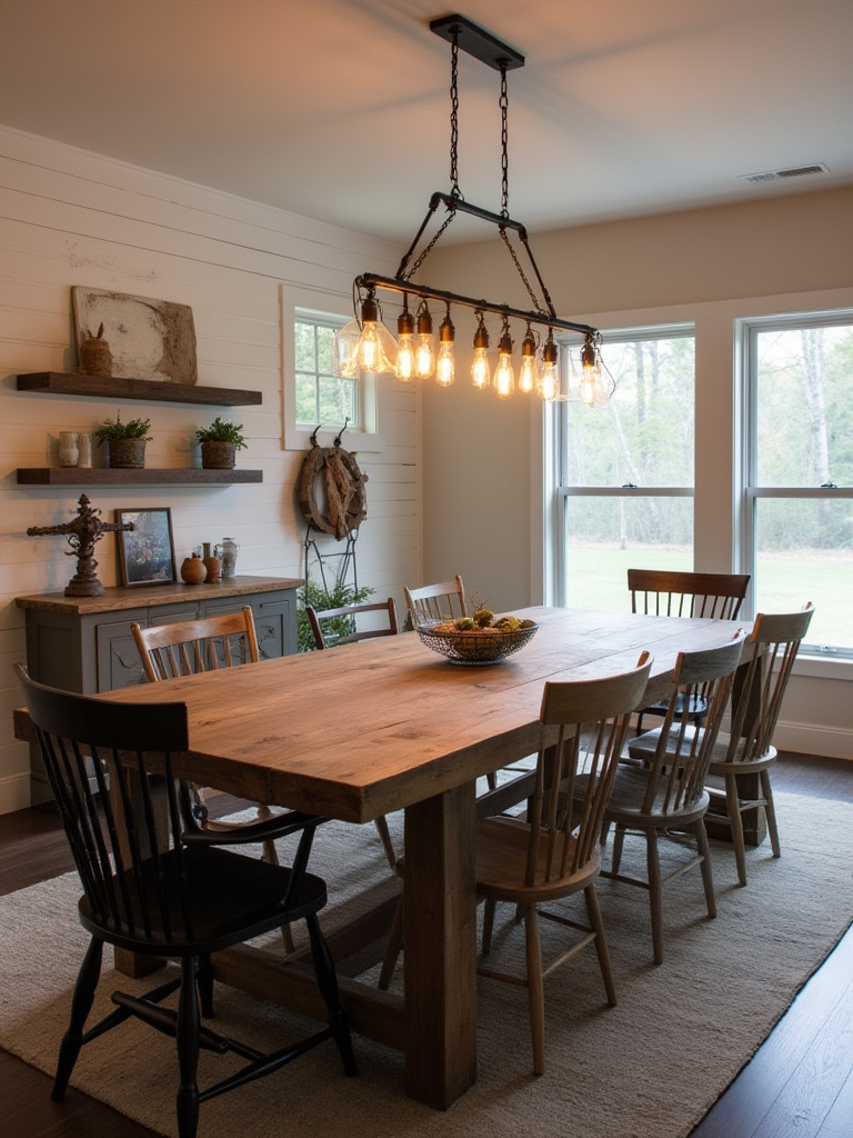 Rustic dining room with farmhouse table and matte black chandelier