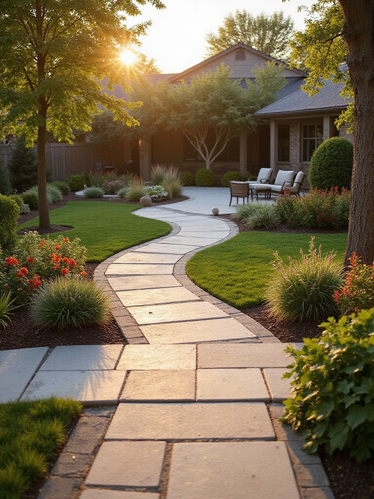 Accessible backyard design with wide paths and level surfaces, showcasing beautiful landscaping.