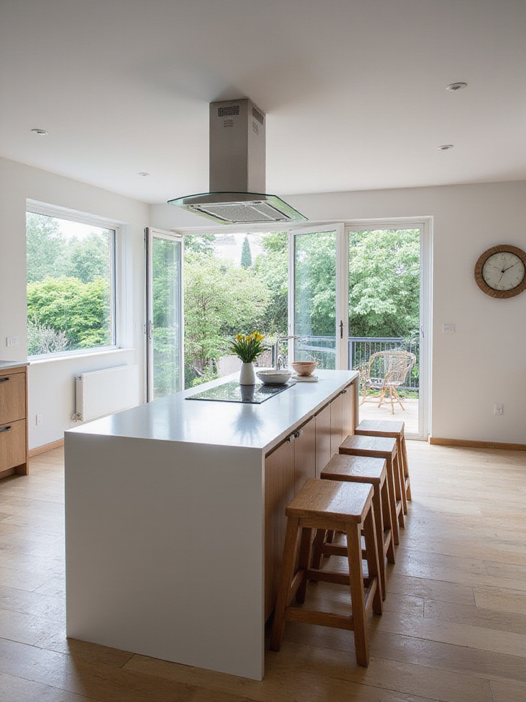 Contemporary kitchen with a multi-functional island designed for cooking, dining, and storage