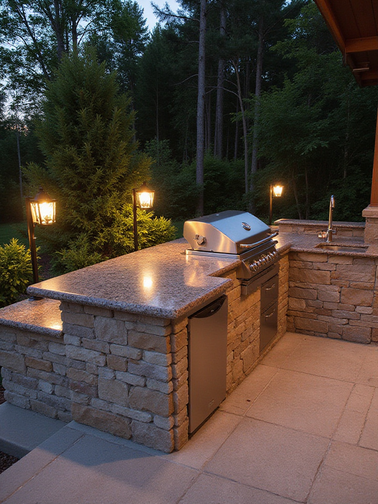 A stunning outdoor kitchen with built-in grill and countertop in a vibrant backyard setting