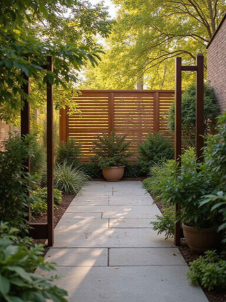 Serene patio with integrated privacy screens and lush greenery.