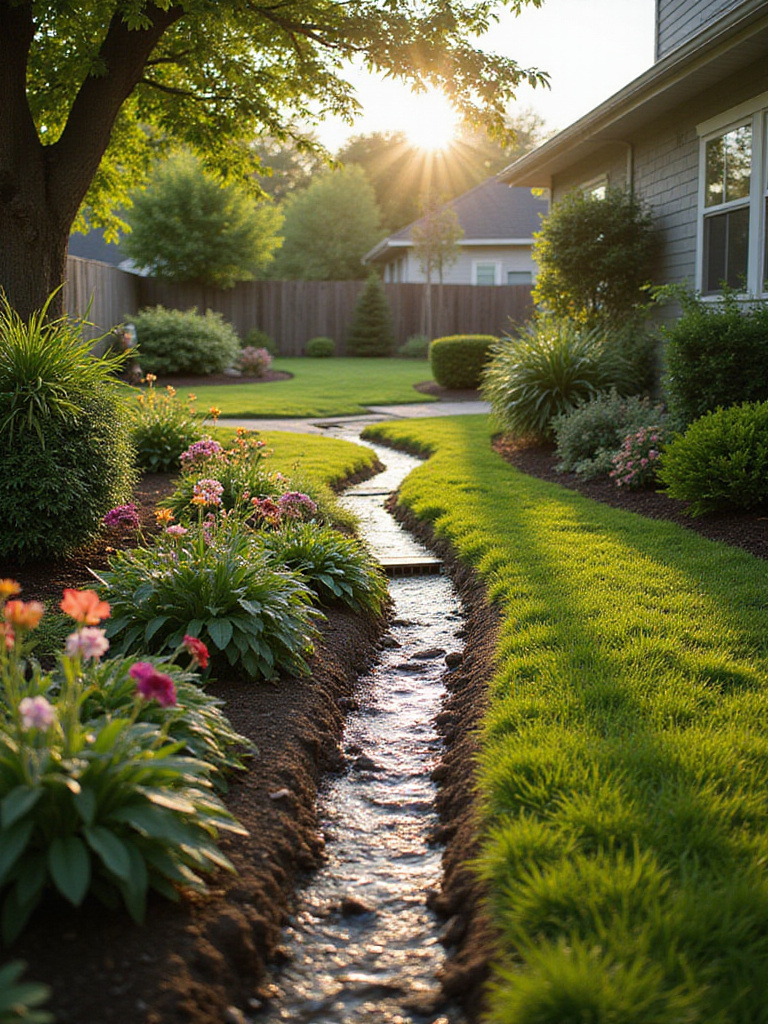 Smart drainage system in a beautifully landscaped backyard.