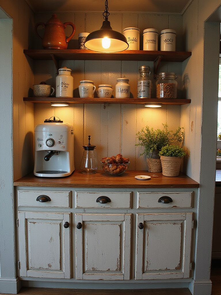 Vintage-style baking and coffee nook with retro decor and warm lighting