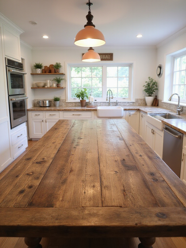 A large reclaimed wood island in a cozy farmhouse kitchen, illuminated by warm lighting.