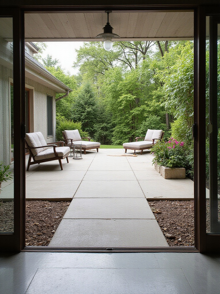 A serene patio with smooth transitions and wide paths, showcasing accessibility features.