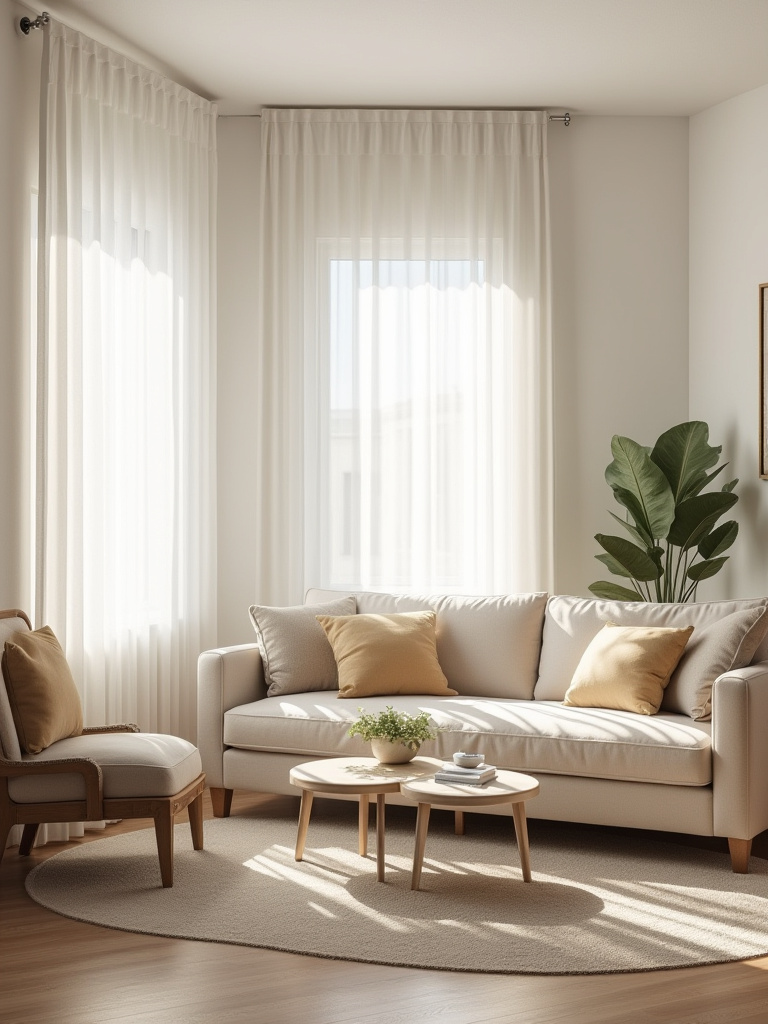 Interior of a compact living room showcasing light colors to enhance spatial perception.