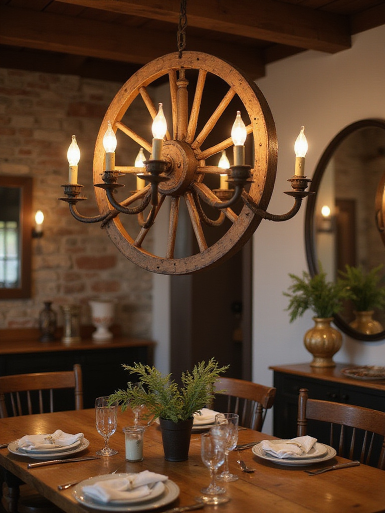 Unique vintage rustic chandelier made from an antique wagon wheel with Edison bulbs in a cozy dining room setting.